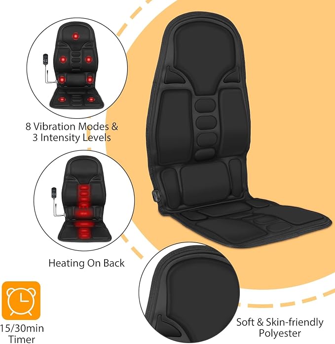 Electric Back Massager Seat Cushion with Heat – Full Back &amp Lumbar Massage Chair Pad 8 Vibration Modes 3 Intensity Levels Portable for Home Office &amp Car Use