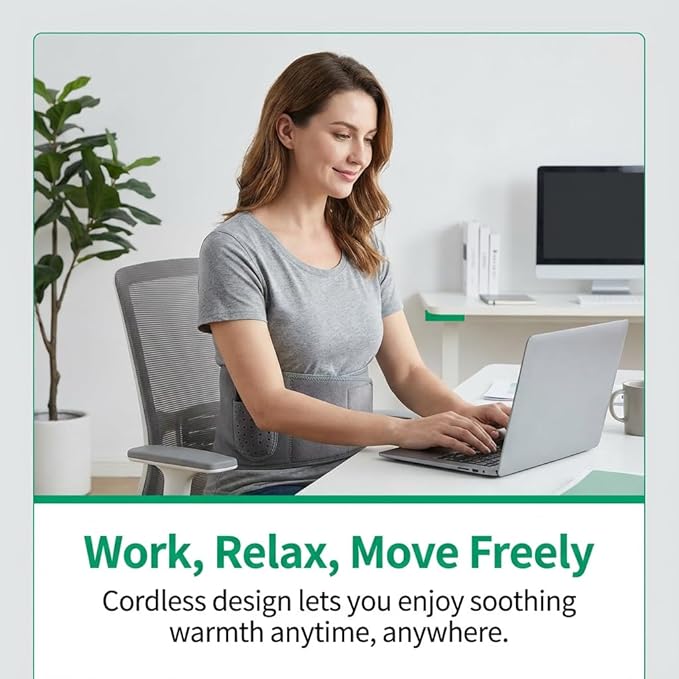 Wireless Heating Waist Belt with 8000mAh Battery 3 Vibration Modes &amp 3 Heat Levels Cordless Back Massager with Extension Strap for Lower Back Cramps Lumbar Support Office &amp Travel Use