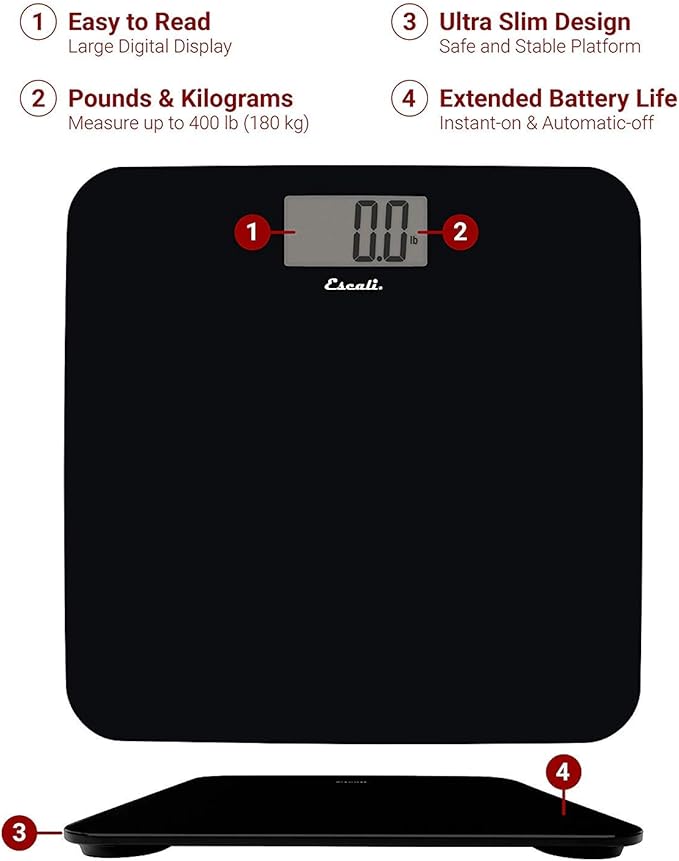 Escali Digital Glass Bath Scale for Body Weight Bathroom Body Scale High Capacity of 400 lb Battery Included Slim Black