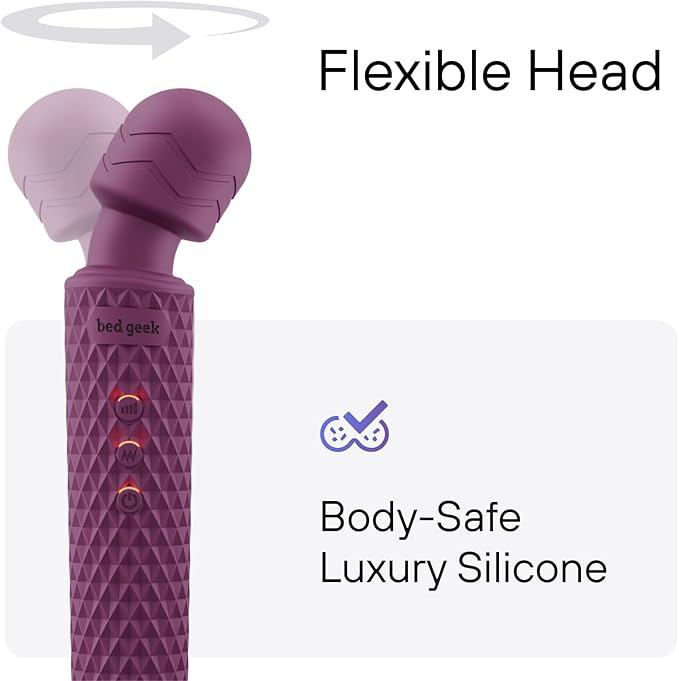 bed geek Cordless Personal Massage Wand – Waterproof &amp USB Rechargeable Skin-Soft Silicone 20 Vibration Patterns 8 Speed Settings Memory Function for Relaxation and Muscle Comfort