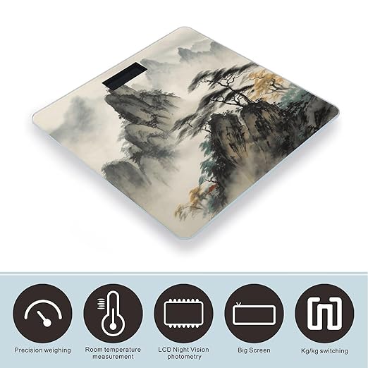 Chinese Landscape Painting Scale for Body Weight Anti-Slip Sturdy Tempered Glass Weighing Machine Highly Digital Accurate Bright LCD Bathroom Scale for Household Gift