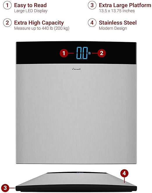 Escali Extra Large Stainless Steel Digital Electronic Bathroom Scale for Body Weight with Extra-High Capacity of 440 lb Batteries Included