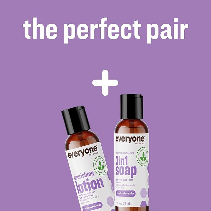 Everyone 3-in-1 Soap Body Wash Bubble Bath Shampoo Travel Size 2 Ounce (Pack of 12) Vanilla and Lavender made with Essential Oils for Men and Women