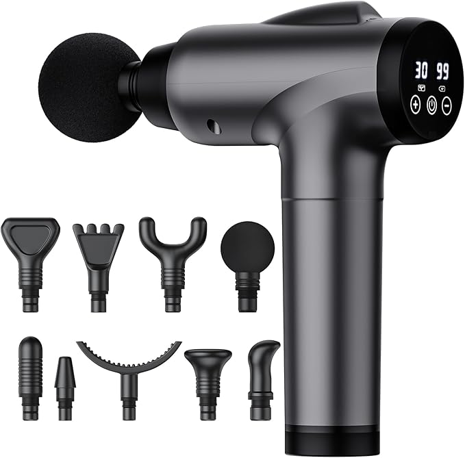 Massage Gun Deep Tissue Handheld Electric Muscle Massager High Intensity Percussion Massage Device for Pain Relief with 9 Attachments &amp 30 Speed(Grey)