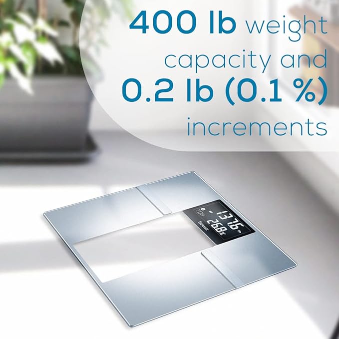 Beurer BF720 Smart Scale for Body Weight Body Fat Body Water &amp More – 400 lb Capacity Bluetooth App Calorie Data User Recognition XL LCD Display Glass Digital Bathroom Scale – Grey