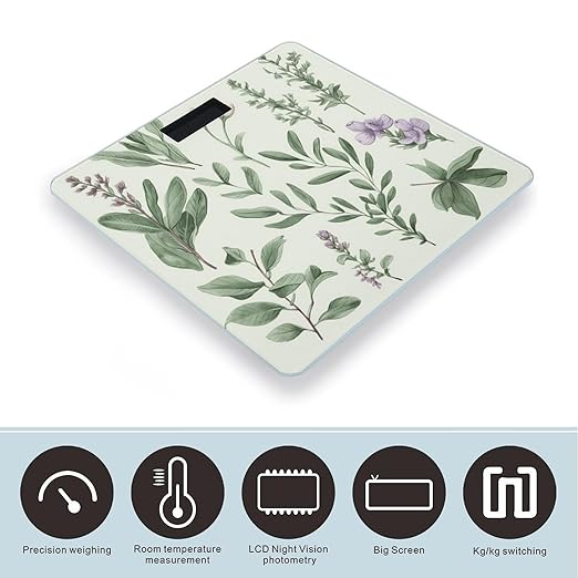 Green Flower Herb Sage Leaves and Branches Scale for Body Weight High Precision Digital Weight Scales with LCD Display Anti-Slip Sturdy Slim Tempered Glass Bathroom Scale for Home Use