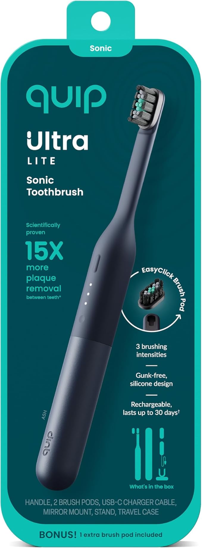 Quip Ultra Lite Sonic Electric Toothbrush Slim Lightweight Design 3 Brushing Modes 15X More Plaque Removal Pressure Sensor &amp 30-Day Battery Ash