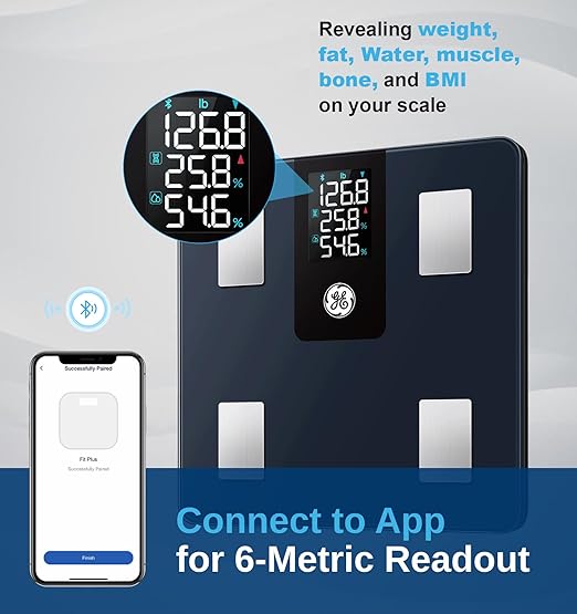 GE Smart Scale for Body Weight BMI Fat Muscle Mass with 14 Body Composition Metrics &amp All-in-one LCD Display Digital Bathroom Weight Scales Bluetooth with App Accurate Weighing Machine 400 lbs