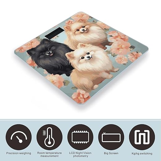 Pomeranians Pattern Bathroom Scale for Body Weight 400 Lb Weight Scale with High Precision Sensors Tempered Glass Highly Accurate Digital Weighing Machine for People