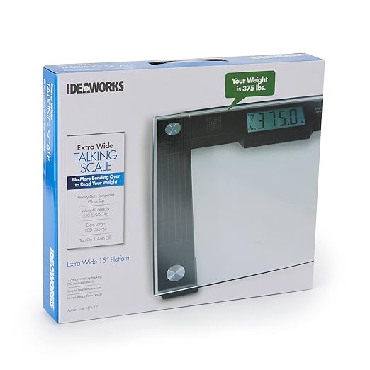 Ideaworks JB5824 Extra Wide Talking Scale-Visual &amp Voice Display Scale- 550 Pounds Max-Tamper Glass-Extra Wide Width-Large LCD Display-Tap On &amp Off Auto Function