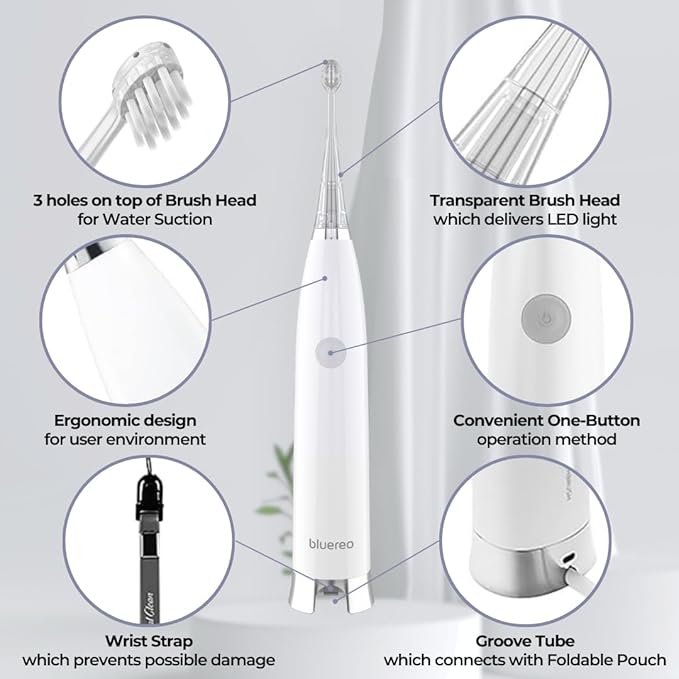 Bluereo G100 Electric Suction Toothbrush with Built-in Oral Suction Sonic Vibration LED Light Portable for Dysphagia &amp Aspiration (White)
