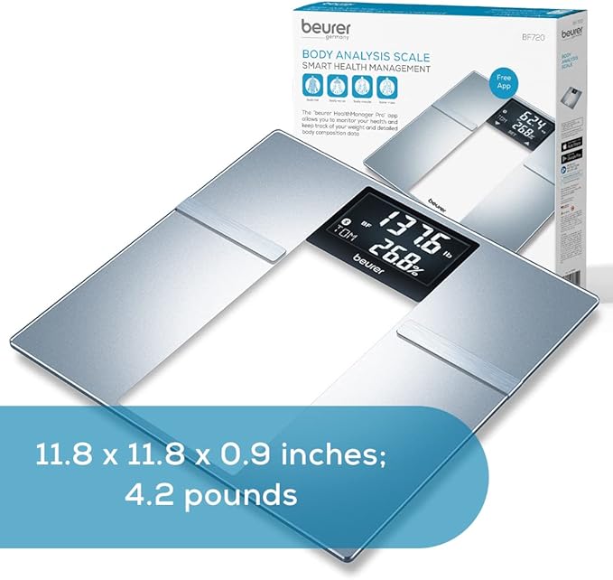 Beurer BF720 Smart Scale for Body Weight Body Fat Body Water &amp More – 400 lb Capacity Bluetooth App Calorie Data User Recognition XL LCD Display Glass Digital Bathroom Scale – Grey