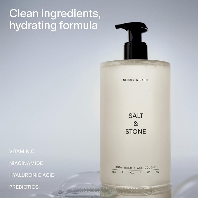 Salt &amp Stone Body Wash with Antioxidants for Deep Moisture | For Women &amp Men Sulfate Paraben &amp Dye Free Leaving Skin Soft and Hydrated | Neroli &amp Basil 15.2 fl oz