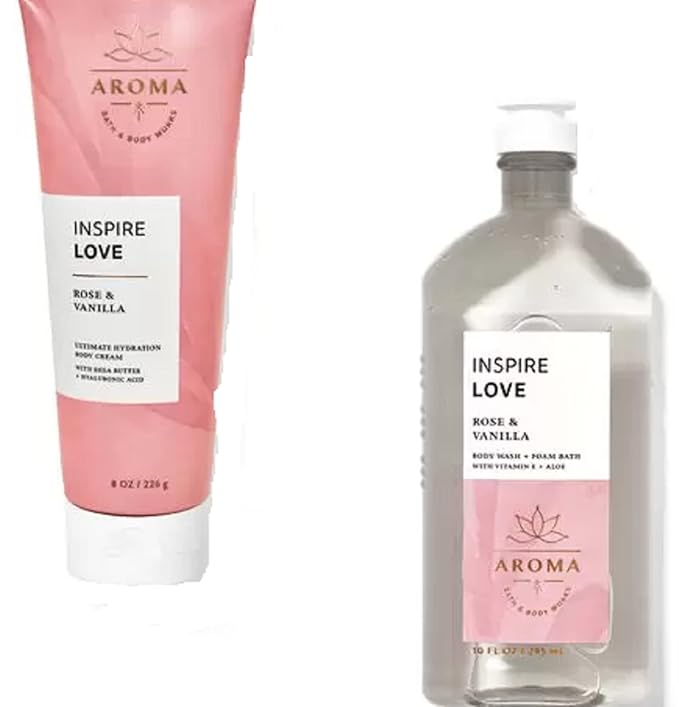 Bath &amp Body Works - Aromatherapy - Love - Rose Vanilla – 2 pc Bundle - Body Wash &amp Foam Bath &amp Body Cream -2020