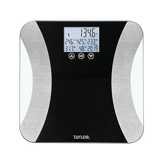 Taylor Digital Glass Body Composition Scale - Measures Body Fat Water Muscle Mass - Athlete Mode 8-User Recognition 500 lb Capacity Black