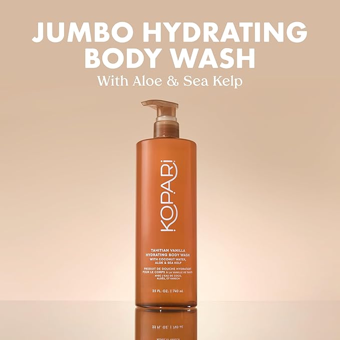 Kopari Jumbo Tahitian Vanilla Hydrating Body Wash | 25 oz Gel-Based Body Cleanser with Coconut Water Aloe &amp Sea Kelp | Rich Lather Signature Coconut Milk Scent