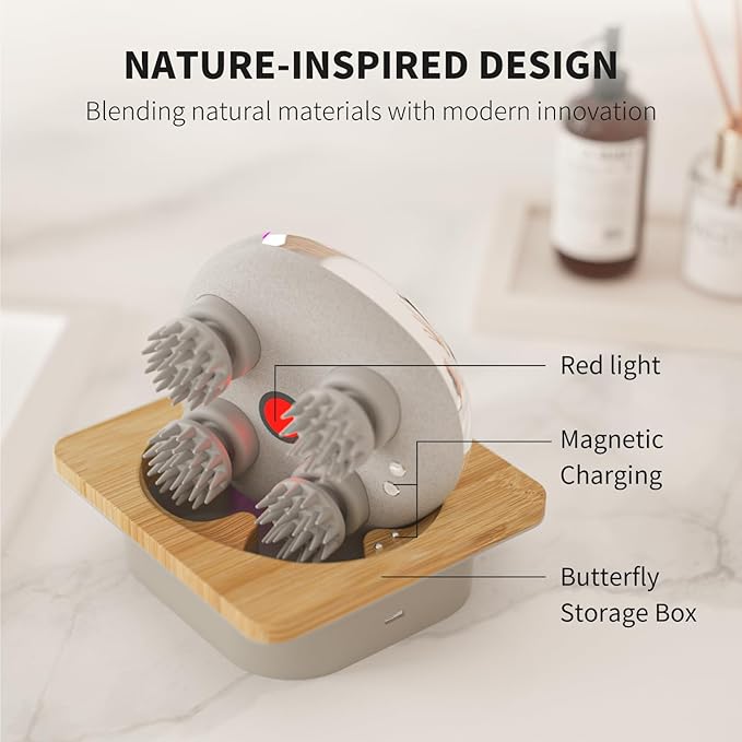 Breo Portable Mini Scalp Massager – IPX7 Waterproof Rechargeable Head Massager for Scalp Relax Stress Relief Tool with Bamboo Wood Charging Base Removable Massage Nodes (Silver with Base)