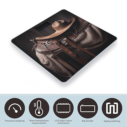 Horse Saddle with A Cowboy Hat Wild Bathroom Scale for Body Weight 400 Lb Weight Scale with High Precision Sensors Tempered Glass Highly Accurate Digital Weighing Machine for People