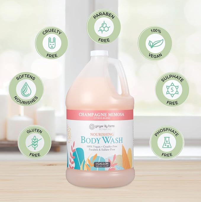 Ginger Lily Farms Botanicals Nourishing Body Wash Champagne Mimosa 100% Vegan &amp Cruelty-Free Citrus Blend Scent 1 Gallon Refill (Pack of 4)
