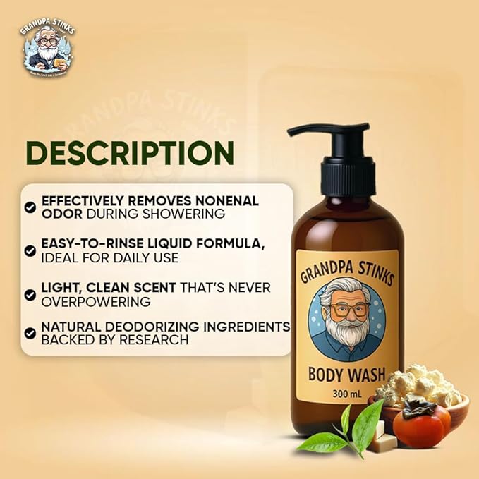 Grandpa Stinks® Body Wash – Persimmon &amp Green Tea Deodorizing Cleanser – Natural Odor Eliminator for Men – Hydrating Daily Shower Gel with Shea Butter – 10.14 fl oz