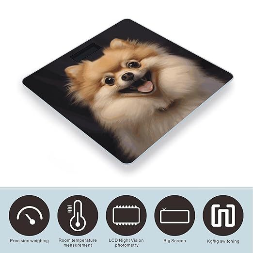 Happy Short Haired Pomeranian Bathroom Scale Automatic Power On/Off Body Scales LCD Backlight Display Square Digital Scale Rounded Corners Bathroom Scales for Home Bedrooms
