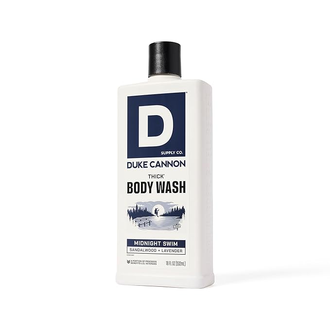 Duke Cannon Midnight Swim Body Wash - Thick High Viscosity Men's Body Wash Exfoliating and Moisturizing Formula Sea Grass and Sandalwood Scents 17.5 oz (3 Pack)
