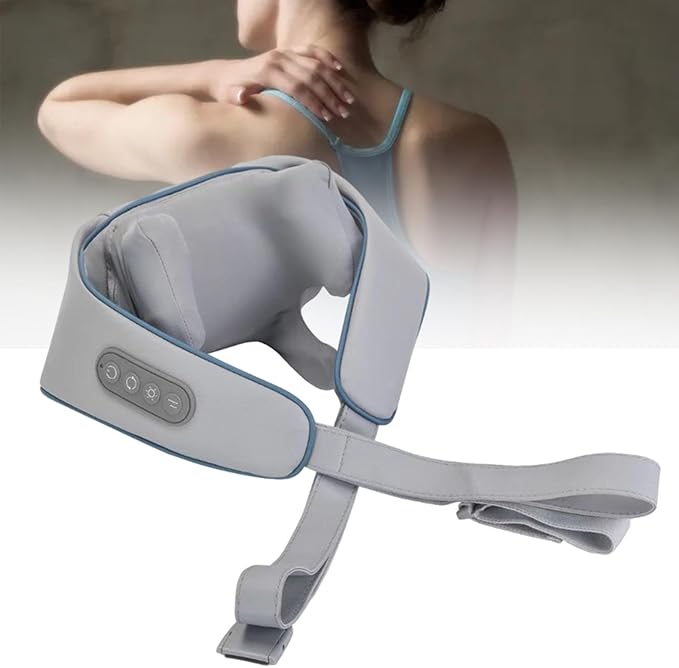 Electric Neck Massager with Heating Function and 6 Massage Attachments for Adults Blue Gray