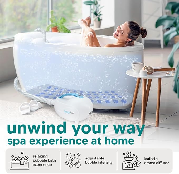 SereneLife Bubble Bath Mat Bathtub Mat with Air Massage and Remote Control Waterproof Non-Slip Adjustable Bubble Intensity Aroma Diffuser 47x14.2 Inch Full Body Spa Massager
