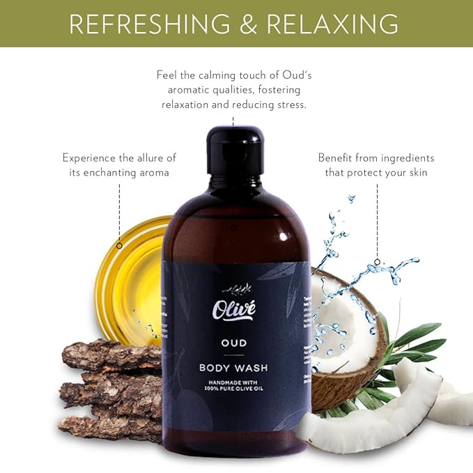 100% Pure Olive Oil Body Wash with Oud Scent – Made with Natural Ingredients | Gentle Cleansing &amp Hydrating Shower Gel for Soft Smooth Healthy-Looking Skin | 300ml Bottle