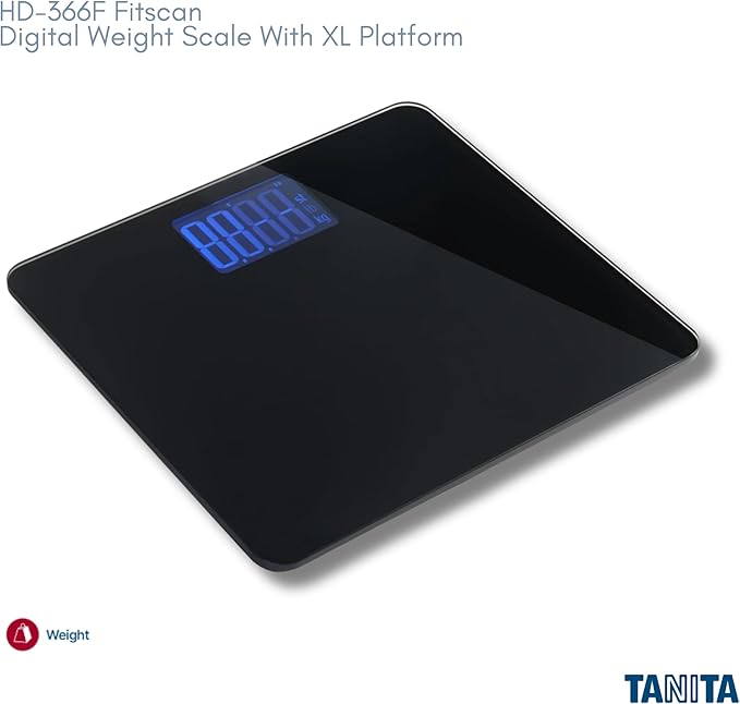 Tanita HD-366F FitScan Digital Weight Scale - 440 lb Capacity - 8mm Tempered Glass Platform - Jumbo Blue Backlit LCD - Sleek Low-Profile Design - Heavy-Duty Durable Build - Japan Technology
