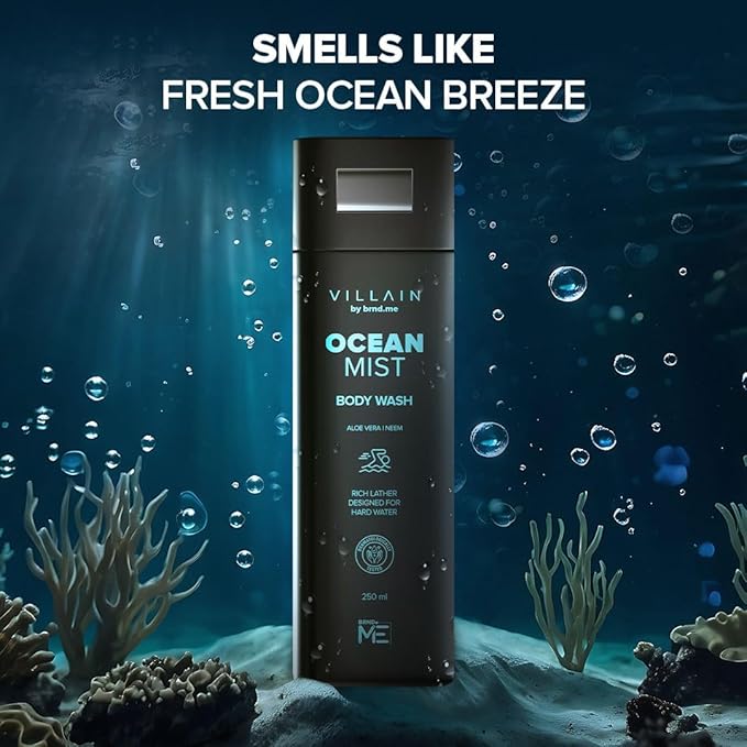 Villain Ocean Mist Body Wash Infused with Hard Water Softener Aquatic fresh Shower Gel for Men Aloe Vera Neem and Vitamin E Hydrating and Energising Skin Friendly Paraben Free Vegan Body Cleanser