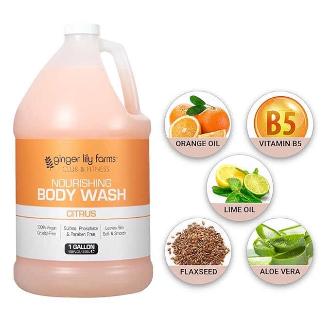 Ginger Lily Farms Club &amp Fitness Nourishing Body Wash 100% Vegan &amp Cruelty-Free Citrus Scent 1 Gallon Refill (Pack of 4)