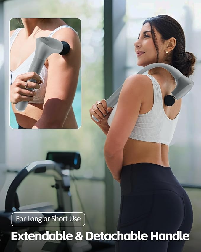 2-in-1 Detachable Percussion Massage Gun with Extension Handle Back Massager for Pain Relief Deep Tissue Muscle Massager for Arm Shoulder Lower Back Thigh Waist Grey
