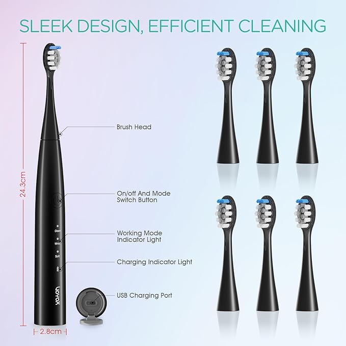 VOYOR-HEALTH Sonic Electric Toothbrush for AdultsTooth Brushes with 6 Brush Heads70-Day Battery LifeIPX7 Waterproof Rechargeable Travel Toothbrushes with 3 Modes for Family Use ET110(Black)