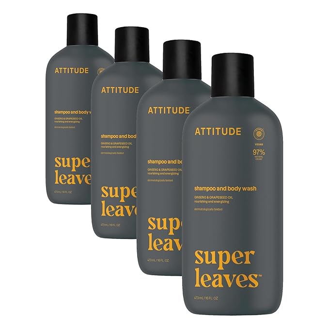ATTITUDE 2-in-1 Body Wash and Hair Shampoo EWG Verified Shower Gel Dermatologically Tested Made with Naturally Derived Ingredients Vegan Personal Care Ginseng and Grapeseed Oil 16 Fl Oz