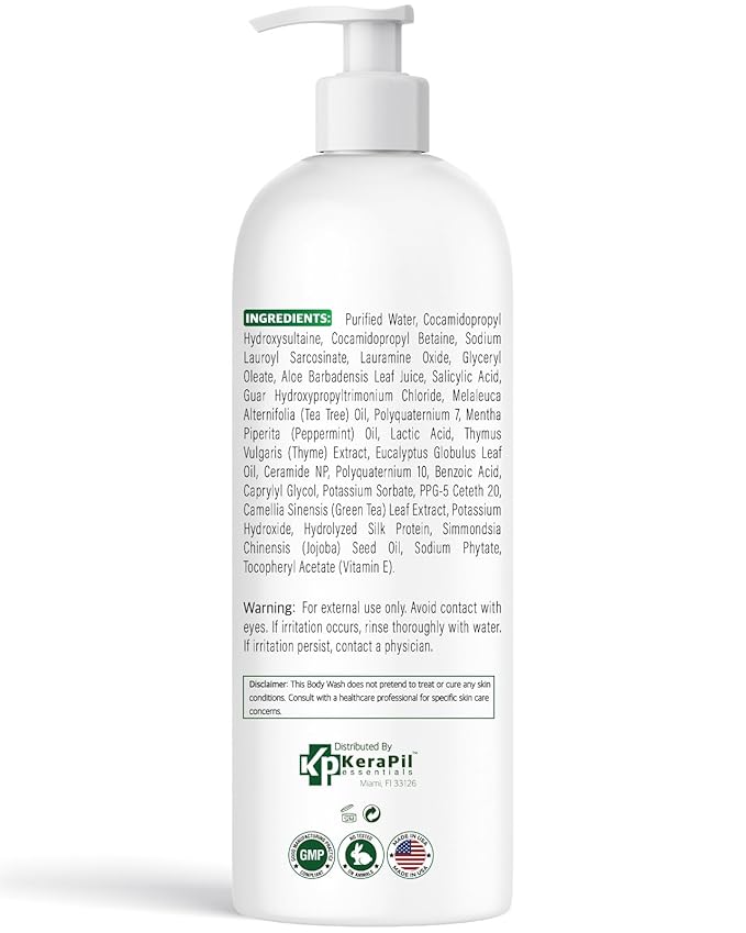 Bacterinyl Tea Tree Oil Body Wash - Antibacterial &amp Antifungal Support for Ringworm Body Odors Athlete’s Foot &amp Acne Helps Soothe Itchy Dry Skin - Made in USA (16 fl oz)