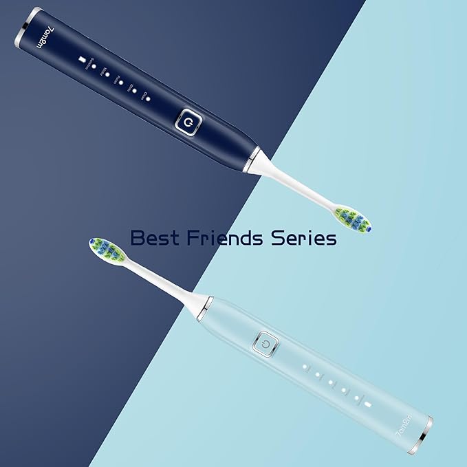 7AM2M Electric Toothbrush 2 Pack Set for Adults 12 Replacement Brush Heads 5 Adjustable Modes Built-in 2-Minute Smart Timer Fast Charge for 60 Days IPX7 Waterproof Navy &amp Light Blue