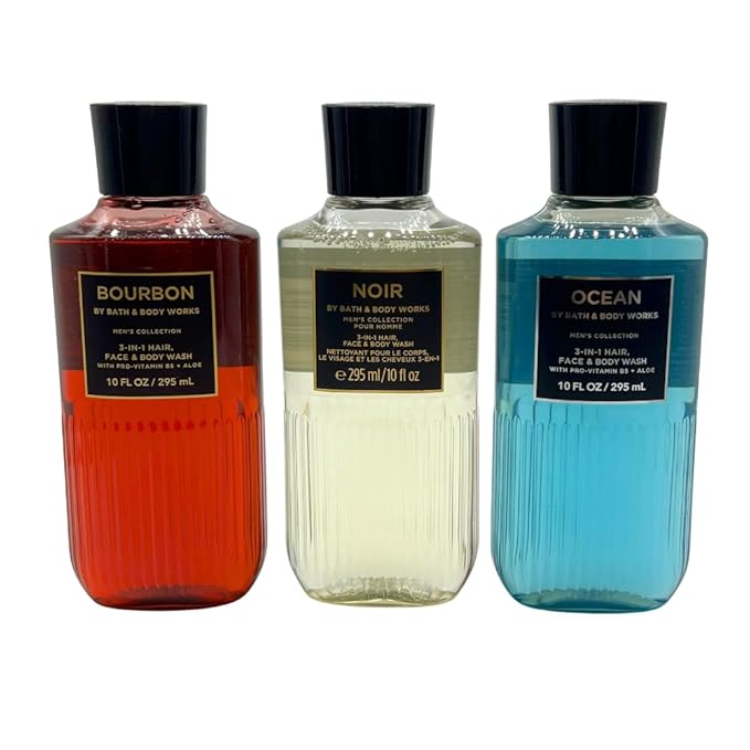 Bath &amp Body Works BOURBON NOIR OCEAN Men's Collection 3-in-1 Hair Face &amp Body Wash 3-piece Gift Set with a Blue Bow for Holidays - 10 fl oz each