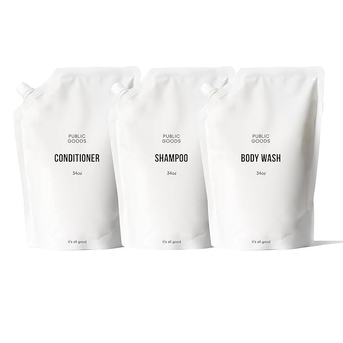 Public Goods Shower Essentials for Men and Women | Natural Shampoo Conditioner &amp Body Wash | Made with Organic Essential Oils | Sulfate &amp Paraben Free | Vegan Friendly | 34 Fl Oz Refill