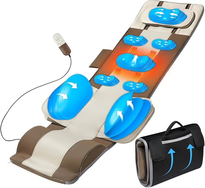 Full Body Massage Mat with Airbags Stretching &amp Heating 3D Lumbar Traction &amp Relaxation Back Massager Pad 4 Modes 3 Intensities 3 Heat Levels PU Leather Portable &amp Foldable Design Fi