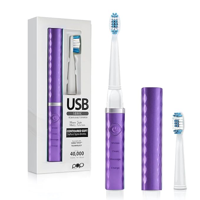 Pop Sonic USB Charge Anywhere Toothbrush (Purple) | Rechargeable w/Up to 40000 Brush Strokes/Minute-Long-Lasting Dupont Nylon Bristles - for Teens &amp Adults with Quadrant Pacer &amp Timer