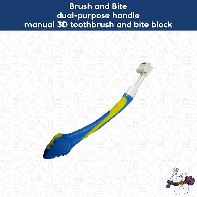 Triple Bristle Brush and Bite Handle Replacement Brush Head Combo | Special Needs &amp Autism Mouth Prop Toothbrush | Ergonomic Handle w/Bite Block | Patented 3 Head Design | Kids &amp Adults