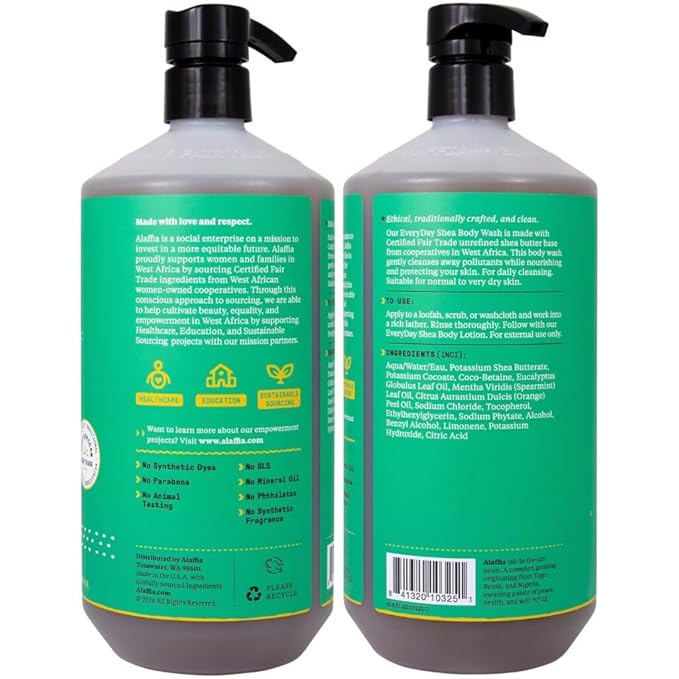 Alaffia Body Wash 2-Pack Everyday Shea Eucalyptus Mint – Gentle Skin Care Moisturizing Cleanser for Normal to Very Dry Skin 32 Oz Each