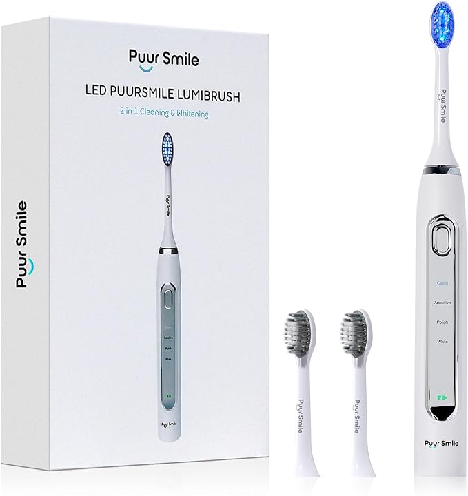 LED Electric Lumi Toothbrush - 2 (Blue led) Brush Heads for Adults | 4 Cleaning Modes with Smart Timer IPX7 Waterproof Long-Lasting Battery &amp Wireless Charging Base (White)