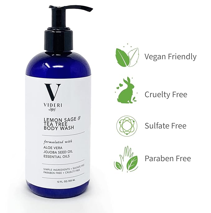 Sulfate Free Body Wash for Sensitive Skin Lemon Sage &amp Tea Tree Body Wash - Essential Oils Aloe Vera &amp Jojoba - Antioxidant Rich Gentle on Skin &amp Fresh Citrus Scent - Large 12 fl oz