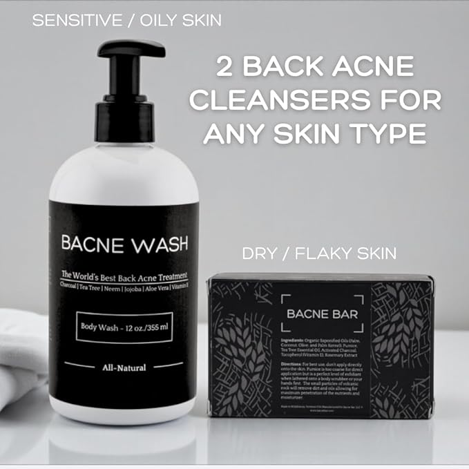 Bacne Cleanser Bundle: The is for Deep Exfoliation to Clear up Dry/Flaky Skin and Blackheads The Bacne Wash is Formulated for Oily/Sensitive Skin Hormonal Acne and Whiteheads