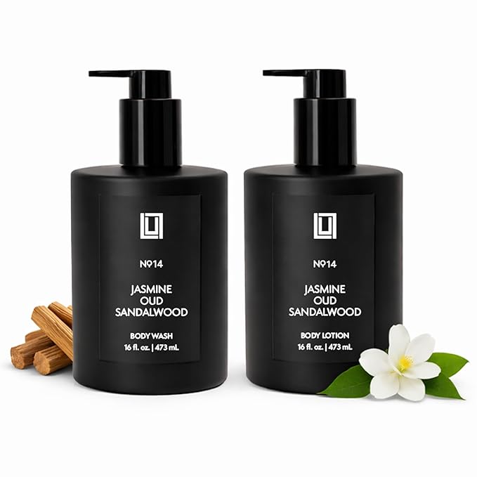 Lulu Candles Jasmine Oud &amp Sandalwood Revitalizing Body Wash &amp Nourishing Body Lotion 2-Piece Set Full Size - 16 Fl Oz.