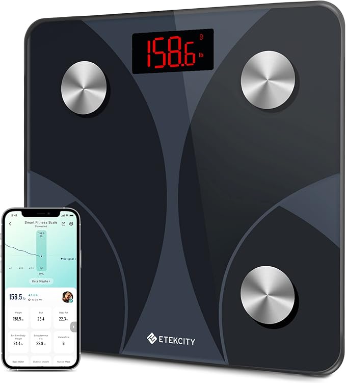 Etekcity Scale for Body Weight and Fat Percentage FSA&ampHSA Eligible Smart Digital LED Bathroom BMI Measurement Accurate Bluetooth Weighing Machine Body Composition Analyzer Ash-black 400lb
