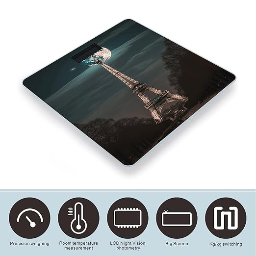 Full Moon Paris Eiffel Tower Digital Bathroom Scale for Body Weight Weighing Scale with Backlit LCD Display High Precision Measurements &amp Measures Weight Up to 180kg