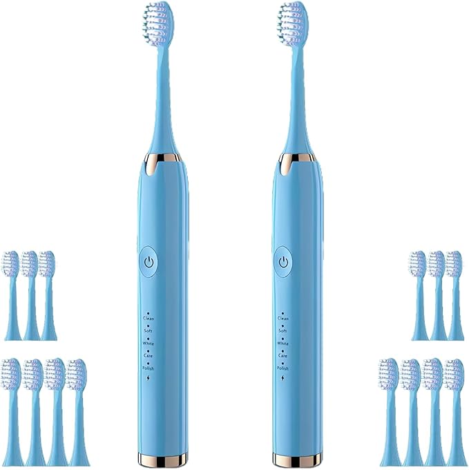 Electric Toothbrush for Adults 2 Pack Rechargeable Sonic Electric Toothbrush Cordless Battery Operated Toothbrush with 5 Modes 16 Brush Heads Travel Toothbrush Set (2PCS Blue)